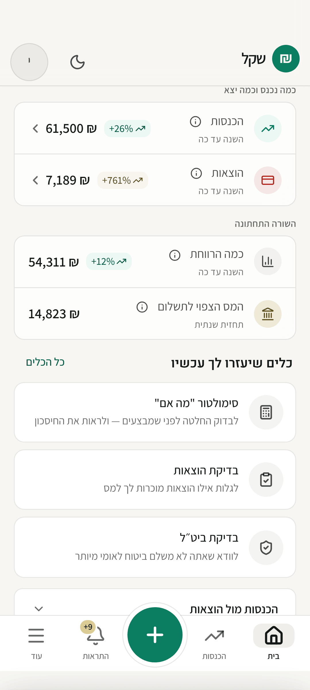 אפליקציית שקל בנייד — דשבורד, התראות וסימולטור עם נתוני עסק לדוגמה